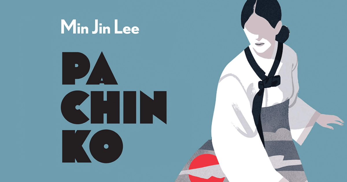 Book cover of Pachinko by Min Jin Lee, illustrated with a woman in traditional Korean dress standing before mountains and a red sun